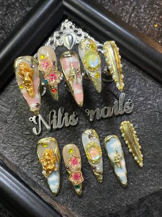 10pcs Handmade Fully Covered Fake Nail Sets, Stiletto Nails In Dual Color Pink&Blue Presenting A Rainbow Version With Three-Dimensional Patterns&Hand-Painted Clouds And 3D Decoration Of Hexagonal Stars