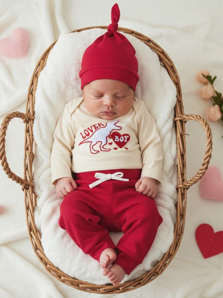 Conjunto de ropa para bebé niño con estampado de letras y camión bordado, pantalones con cintura elástica, sombrero para primavera - Rojo - Ver 1