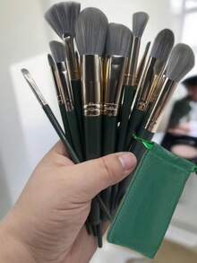 14件套专业化妆刷套装，便携旅行套装，包含腮红刷、粉底刷、眼影刷、散粉刷、眉刷，尼龙刷毛，ABS手柄，适合初学者和化妆爱好者，尤其适合旅行，是圣诞节或情人节的绝佳礼物。 - 綠色 - 查看 5