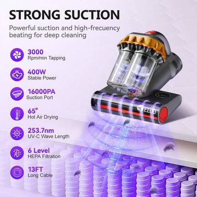 E.LUO Mattress Vacuum Cleaner, Bed Vacuum Cleaner, 16Kpa Bed Vacuum Cleaner With UVC, Hot Air And High Heat, Strong Suction, Double Cup Handheld Sofa Vacuum Cleaner, Suitable For Pillows, Cribs, Sofas And Pet Hair.