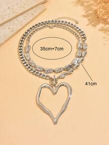 2pcs Vintage Exaggerated Fashion Metal Heart Pendant Necklace, Irregular Faux Pearl Necklace, Women Daily Wear & Beach Holiday Party Decorative Charm Jewelry Set Gift - Silver - View 4