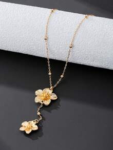 1pc Elegant Vacation Style Gold Textured 5-Petal Flower Pendant Necklace, Suitable For Vacation, Travel, Music Festivals (Does Not Include Gift Box. Due To Handmade Cutting, The Number Of Beads On The Chain Is Random, But The Final Length Is Fixed And Will Not Affect The Wearing Effect) - Yellow Gold - View 2