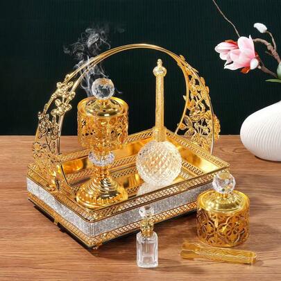1 Set Luxury Gold Incense Burner, Mabkhara Incense Burner, Oud Burner, Bakhoor Burner. Suitable For Home & Outdoor Incense Burner, Aromatherapy, Ramadan Incense Burner, Ramadan Gift, Festivals