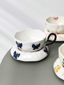1set Cute Butterfly Ceramic Coffee Cup & Saucer Set, Hand-Painted Underglaze Butterfly Mug, Household Water Cup, Office Breakfast Milk Cup, Afternoon Tea Coffee Cup, Latte Art Cup, Juice Beverage Cup, Dessert Cake Plate, Couple Water Cup, Holiday Gift Cup - Multicolor - View 7
