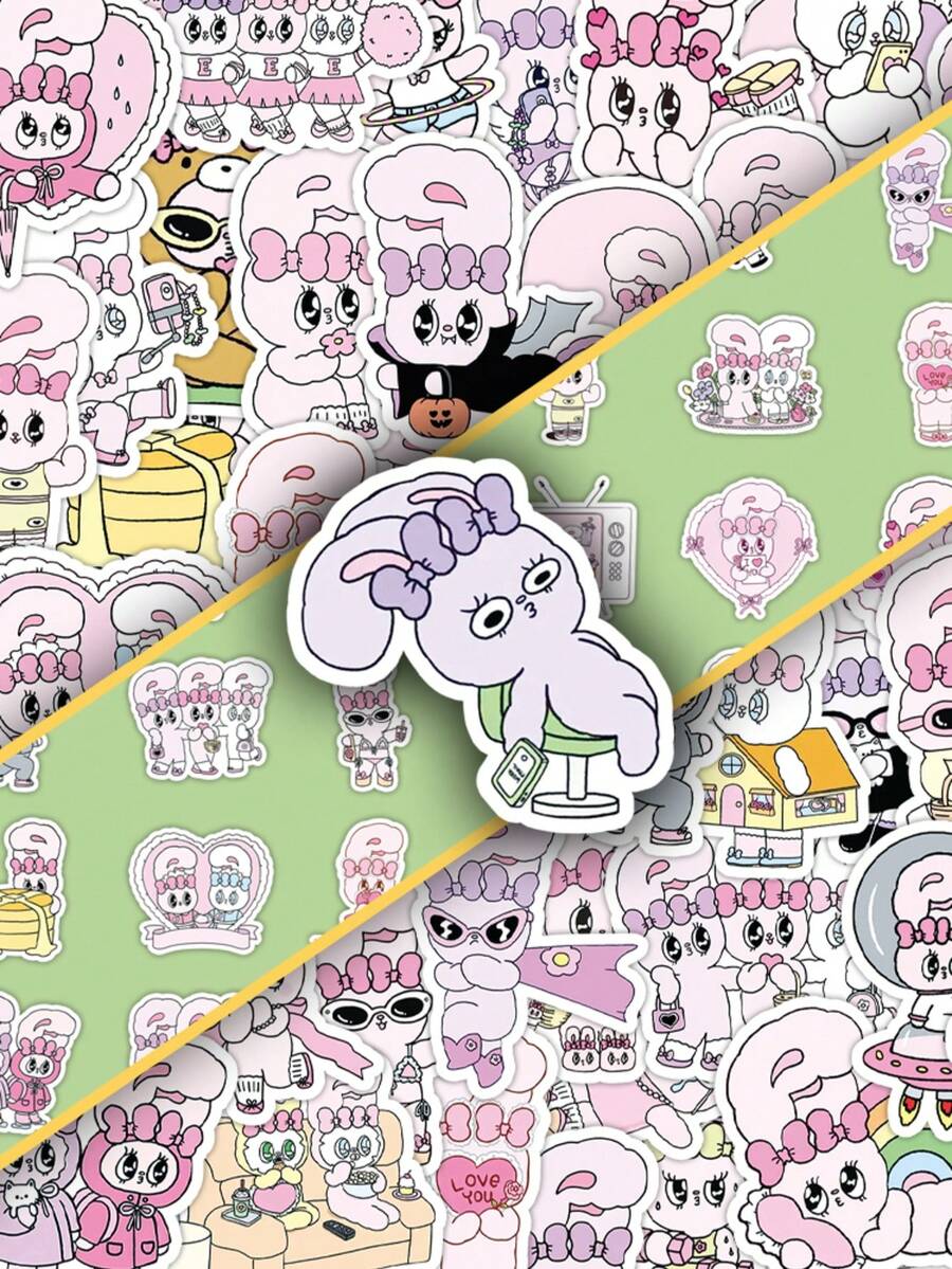 50 buc autocolante drăguțe cu desene animate cu animale, design pastelat roz moale cu iepurași, autocolante decorative pentru telefon, plicuri, scrapbooking - Baby Pink - Vizualizare 1
