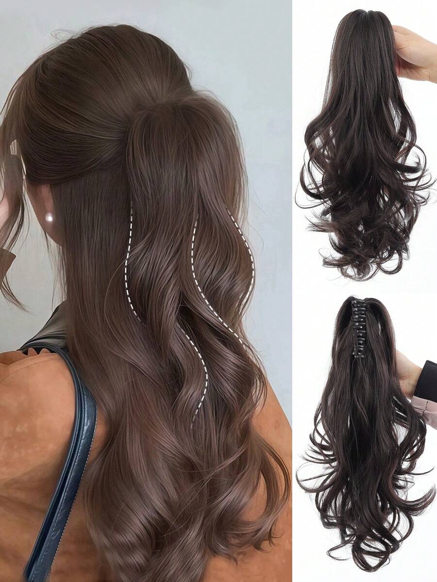 Ponytail Extension Hair Claw Clip In Hair Extensions Black 16 Inch Layered Ponytail With Half Tied Hair Long Curly Hair Heat Resistant Fiber Synthetic Ponytail Hairpiece For Women Daily Used - Multicolor - View 1