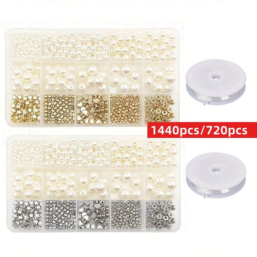 1440 Stück/720 Stück 4/6/8/10/12mm Stern, Herz, runde Abstandsperlen, beige Box, inklusive 1 Rolle Schnur, 15 Fächer. Für DIY Accessoires, Dekorationen, Armbänder, Halsketten, Handyhüllen. Geeignet zum Herstellen von Sets, Urlaubsgeschenken und Präsenten. - Verschiedenfarbig - Übersicht 1