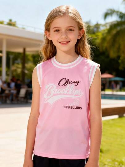 1pc Oversized Casual Loose Sports Tank Top For Tween GirlsEnergetic Sunshine English Letter Design, Comfortable & Versatile