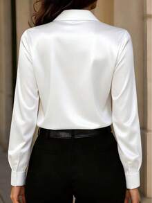 Camisa de satén con botones para mujer, de nueva llegada, de moda, versátil y adecuada para todas las estaciones - Blanco - Ver 2