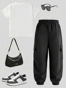 Girls Cartoon Print Warm Crew Neck Sweatshirt And Cargo Pants Set - Black - View 2