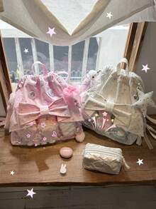 1pc Cute Sweet School Style Large Capacity Canvas Drawstring Backpack With Transparent Badge, Bowknot & Starry Design, Suitable For Daily, Commute, Party - Multicolor - View 10