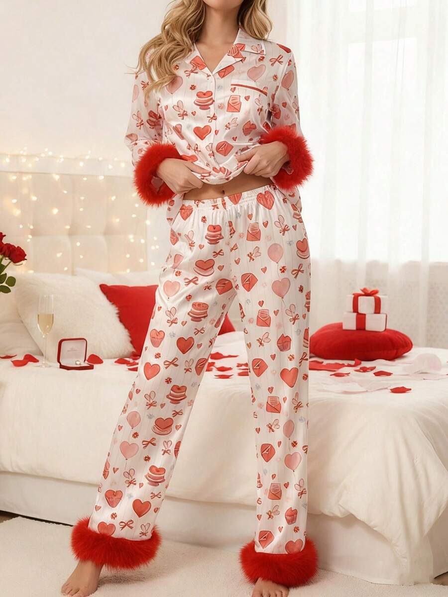 Women's Valentine's Day Pajama Set Long Sleeve Lapel Bow Stripe/Bow Heart Print Shirt Pants Sleepwear - Red - View 1