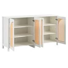 Modern Sideboard In A Minimalist Style, 4 Rattan Doors, Metal Handle, Simple Buffet Cabinet For Dining Room, Living Room, Kitchen (White)