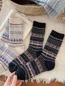 3双装女士加厚长筒袜，复古彩色休闲时尚过膝袜，秋冬款