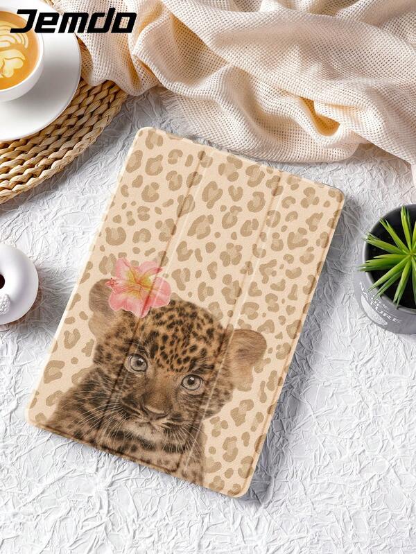 1pc Beige Leopard Print, Kitten & Flower Pattern Tablet Protective Case, Compatible With Apple IPad 10.2", IPad Pro 11" 2021/2020/10th Gen, IPad 10.2" (A16), IPad 11" 11th Gen 2025, Galaxy Tab A8 10.5" 2022, Matepad 10.4"/Tab, With Pencil Slot, Anti-Drop, Tablet Stand, Auto Sleep/Wake, New Year's Christmas Gift For 2026
