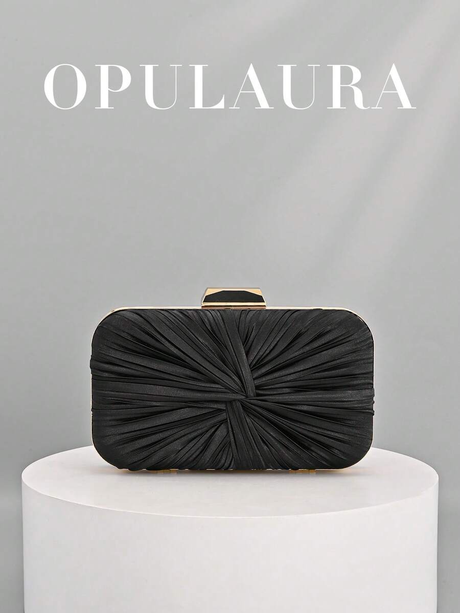 OpulAura 1件装复古优雅缎面手拿包，褶皱扭结设计，时尚晚礼服包，魅力精致的正式派对手提包，奢华盒式小包，适合派对/婚礼/正式场合晚宴，配有链条肩带，可肩背或斜挎 - 黑色 - 查看 1