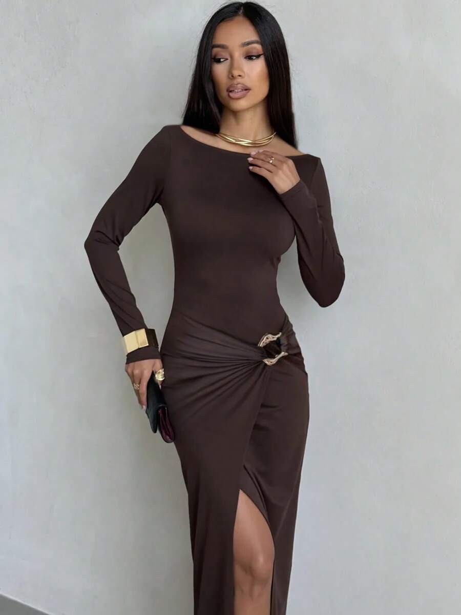 1 chiếc đầm dài tay bằng vải dệt kim bất đối xứng/không đều màu cà phê thanh lịch, thích hợp cho buổi hẹn hò tối, đám cưới, kỳ nghỉ, tiệc tối trang trọng, mùa xuân/thu, tôn dáng, tinh tế, cổ tròn, vạt không đều, ôm sát, dịp năm mới, Ngày Nhà giáo, Ngày Valentine, lễ hội.