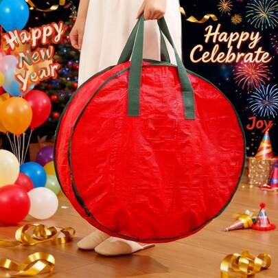 Förvaring av nyårskransar, förstärkta och robusta handtag, slitstarkt vattenavvisande tyg, dragkedja, dammtät design, stort fack för förvaring av stora julkransar, förvaring av nyårs-/juldekorationer, lämplig för organisering under sängen/garderoben/garaget, hopfällbar och återanvändbar förvaringslåda för säsongsdekorationer, bärväska för juldekorationer