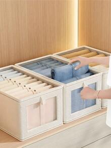米色亚麻布收纳盒，带盖和透明窗口，可折叠，防潮材质，适用于家庭、宿舍、浴室、旅行，是理想的节日礼物，可收纳衣物、裤子、袜子、内衣、化妆品、学习用品、床上用品等，可堆叠，是衣柜整理的理想之选。 - 彩色 - 查看 3