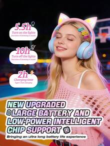 New RGB Glowing Cat Ear Wireless Headphones, Gradient Color Foldable Wireless Bluetooth Headset With Surround Sound, Cute & Fashionable Over-Ear Headphones With Micro SD Card Slot, Suitable For Gaming, Music, Live Streaming - 彩色 - 查看 7