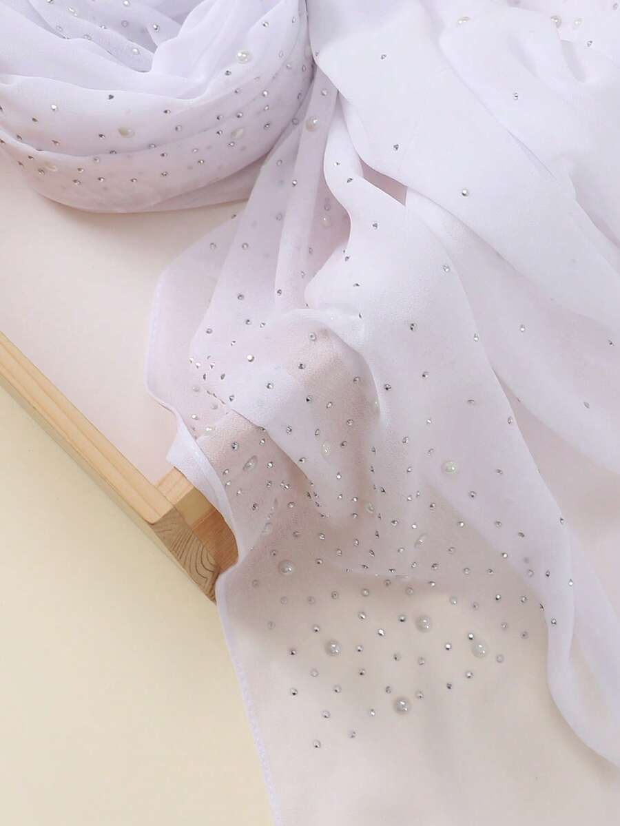 1条女士多色珍珠雪纺水钻装饰围巾，时尚百搭，适合春、夏、秋、冬四季日常佩戴、通勤、度假、披肩 - 彩色 - 查看 1