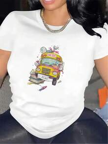 T-shirt femme avec motif noir et blanc et imprimé bus coloré vibrant - Tissu durable et confortable, t-shirt casual à col rond, convient pour la maison, le bureau et les activités extérieures - Vêtement casual pour les quatre saisons, t-shirt femme, confortable pour la maison, design vibrant, tissu à étirement moyen - Blanc - Voir 11