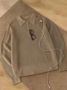 Men's Zip-Up Knitted Sweater With Collar, Versatile For Daily Business Casual Wear, Autumn/Winter - Brown - View 3