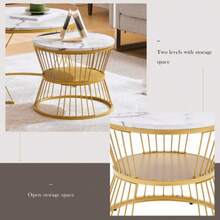 (WF319028AAA) Modern Nesting Coffee Table, High Gloss Coffee Table Set, Marble Veneer Sofa Side Nest Of Tables Round End Tables, Set Of 2, Gold Color Frame - 白色 - 查看 3