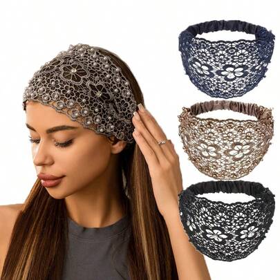 Diadema elástica de encaje, pañuelo de cabeza de encaje floral y perlas ancho, diadema estilo bohemio, accesorios para el cabello de mujer