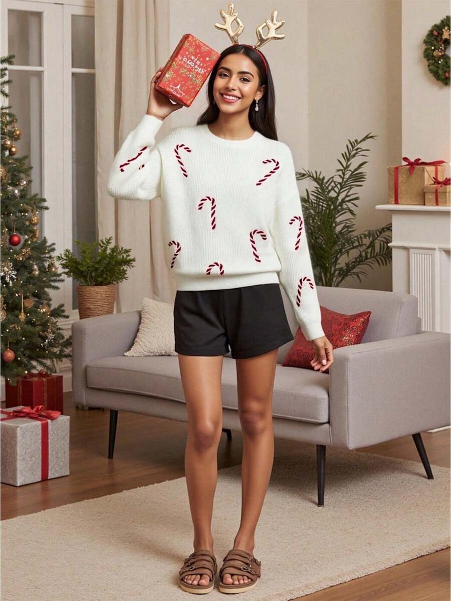 Mommy And Me Matching Sweaters Heart/Candy Cane Pattern Long Sleeve Round Neck Knit Pullover - White - View 1
