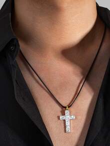 1件简约纹理十字架吊坠项链，可调节休闲男士项链，适合日常佩戴 - 彩色 - 查看 7