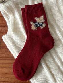 1 đôi tất nữ dày dặn, màu trơn thời trang, màu đỏ cổ điển, mềm mại và ấm áp, thích hợp cho mùa thu/đông, họa tiết cún con và hươu dễ thương, kiểu dáng ngọt ngào và năng động dành cho nữ, cao đến bắp chân. - Đỏ - Xem 4