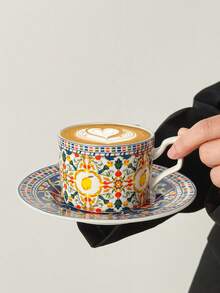 Bộ 1 tách cà phê sữa bằng gốm sứ cao cấp kèm đĩa lót, bộ tách cà phê và đĩa lót bằng gốm sứ họa tiết hoa, quà tặng trà chiều thanh lịch, tách cà phê và đĩa lót. - Nhiều màu - Xem 13