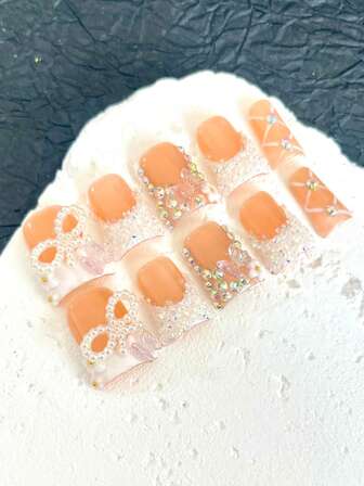 Ten Pieces Of Y2K Handmade Press-On Nails, Short Duckbill Nail Tips, Golden Butterflies, Bows, 3D Hand-Carved Floral Design, Ballet Elements, Suitable For Daily Wear And Party Occasions For All Ladies, Holiday Gift.(Please Note: The Colors Of The Beads And Lollipops Are Random.)