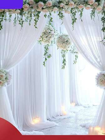 窗帘、布料、帘子、杆子、户外婚礼派对、装饰背景、婚礼拱门、椅子、网纱。