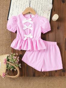 Bộ 2 món/Bộ áo sơ mi ngắn tay kẻ sọc thường ngày và quần short cho bé gái, mùa hè - Hồng - Xem 1