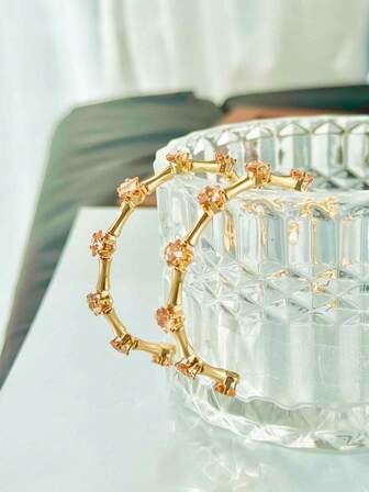 Chic Style Cubic Zirconia Patchwork Hoop Earrings, Luxurious Gold Tone Minimalist Earrings