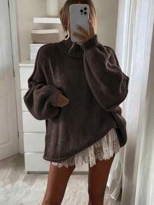 2026秋冬新款女装时尚街头风休闲宽松高领针织套头毛衣，适合返校、情人节、新年、圣诞节、约会之夜等场合，韩版风格，秋季必备，适合端庄女性、派对女性、Y2K风格女性、外出上衣、音乐会女性、约会之夜女性、新年、冬季女装、沙特国庆日、时尚、乡村风格。 - 棕色 - 查看 2