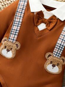 Conjunto De Mono De Niño Con Diseño De Osito Y Estilo Caballerito, Body De Manga Larga Con Cuello Polo Y Pajarita + Pantalón A Cuadros Pata De Gallo, Juego De 2 Piezas Para Recién Nacidos, Ropa De Moda Para Bebés Niños - Marrón - Ver 5