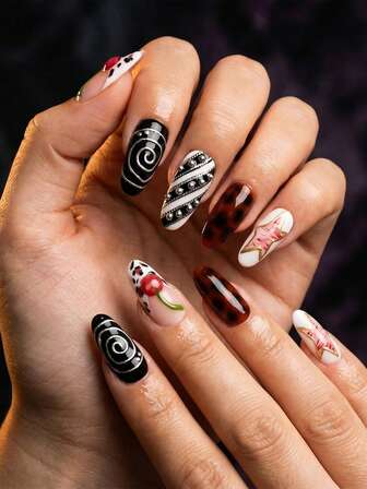 24pcs Short Almond-Shaped Nail Stickers, European & American Chic Striped & Leopard Print Nail Art, Minimalist & Sweet Design, Full Coverage Easy Application, Suitable For Women's Daily Life, Parties And Gatherings