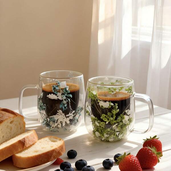 1-2-4pcs Double-Layer Insulated Handle Glass Coffee Cup, Mug Coffee Cup, Internal Flower Filling, PBA-Free, Suitable For Cold Drinks, Hot Drinks, Tea Bags, Matcha, Cappuccino, Iced American Coffee. It Is A Unique Gift For Wedding Season, Valentine's Day, Christmas, Birthday