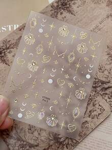 1片5D水钻烫印贝壳美甲贴纸，DIY彩色贝壳星月图案Y2K美甲贴纸，浮雕2D美甲贴纸和贴花美甲工具贴花美甲用品，适用于DIY按压式美甲装饰 - 彩色 - 查看 8