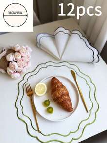 1/4/6/12pcs Wavy Embroidered Solid Color Round Placemats, Fresh Minimalist Style For Kitchen, Dining Table, Water Cups, Bowls, Non-Slip Pads, Suitable For Holidays, Parties, Birthdays, Weddings, Dinners, Office Desks, Coffee Tables, Home Decor, All Seasons - Multicolor - View 12