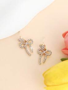 1 Pair Fashionable Rhinestone Encrusted Heart & Bow Dangle Earrings For Women - Heart-shaped Bow Earrings - View 3