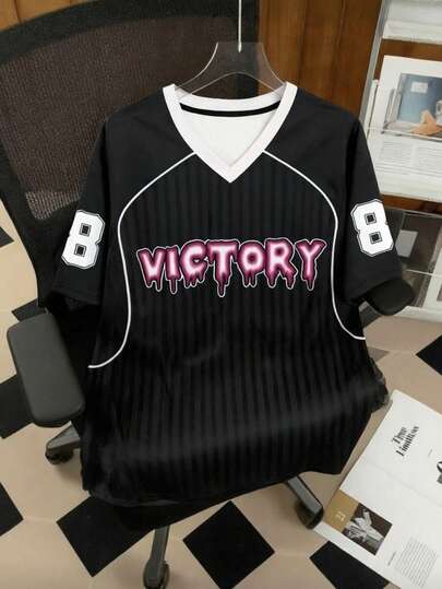 Men's Striped Patchwork Letter V-Neck Printed Short Sleeve T-Shirt