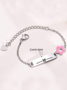 1pc Cute Stainless Steel Curved Plate Small Flower 18K Gold/Silver Butterfly Knot Pattern Bracelet, Personalized Name Customization, Children's Jewelry, Unique Gift For Kids, Children's Day Commemorative Accessory - Multicolor - View 3