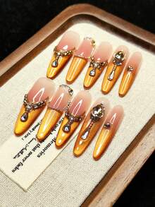 10pcs Handmade Wearable Nail Stickers, Pointed Long Nails, Suitable As Christmas Gift, French Pink & Champagne Ombre, Shiny, Cat Eye Effect, Rhinestone Water Drops & Various Shapes, Fashionable High-End, Suitable For Girls, Reusable - Rose Gold - View 4