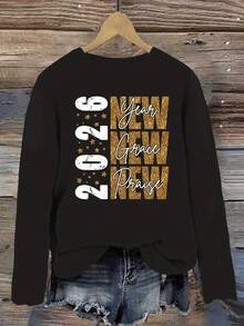 2026 New Year 2026 New Year New Grace New Praise Beautiful Elegant Party Fashion Loose Cute Elastic Home Casual Round Neck Long Sleeve T-Shirt - Black - View 7