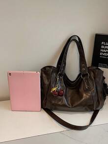 1件复古大容量手提包，复古PU单肩斜挎包，女士休闲托特包兼钱包 - 咖啡棕 - 查看 5