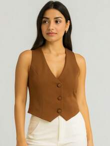 Women's Short Lined Tailored Vest With Buttons, Formal, V-Neck - Rust Brown - View 1